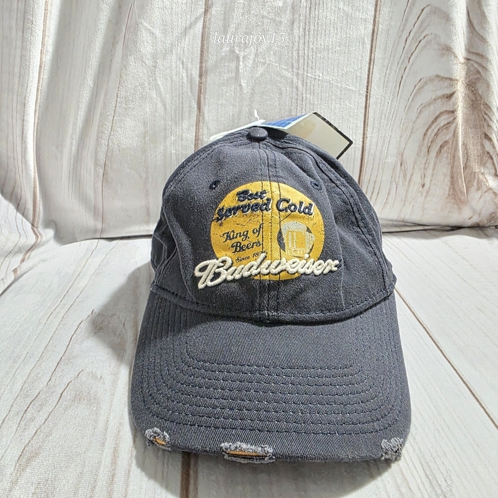Budweiser Flex Hat Blue Gold Distressed NOS Drew Pearson Script Embroidery 2007
